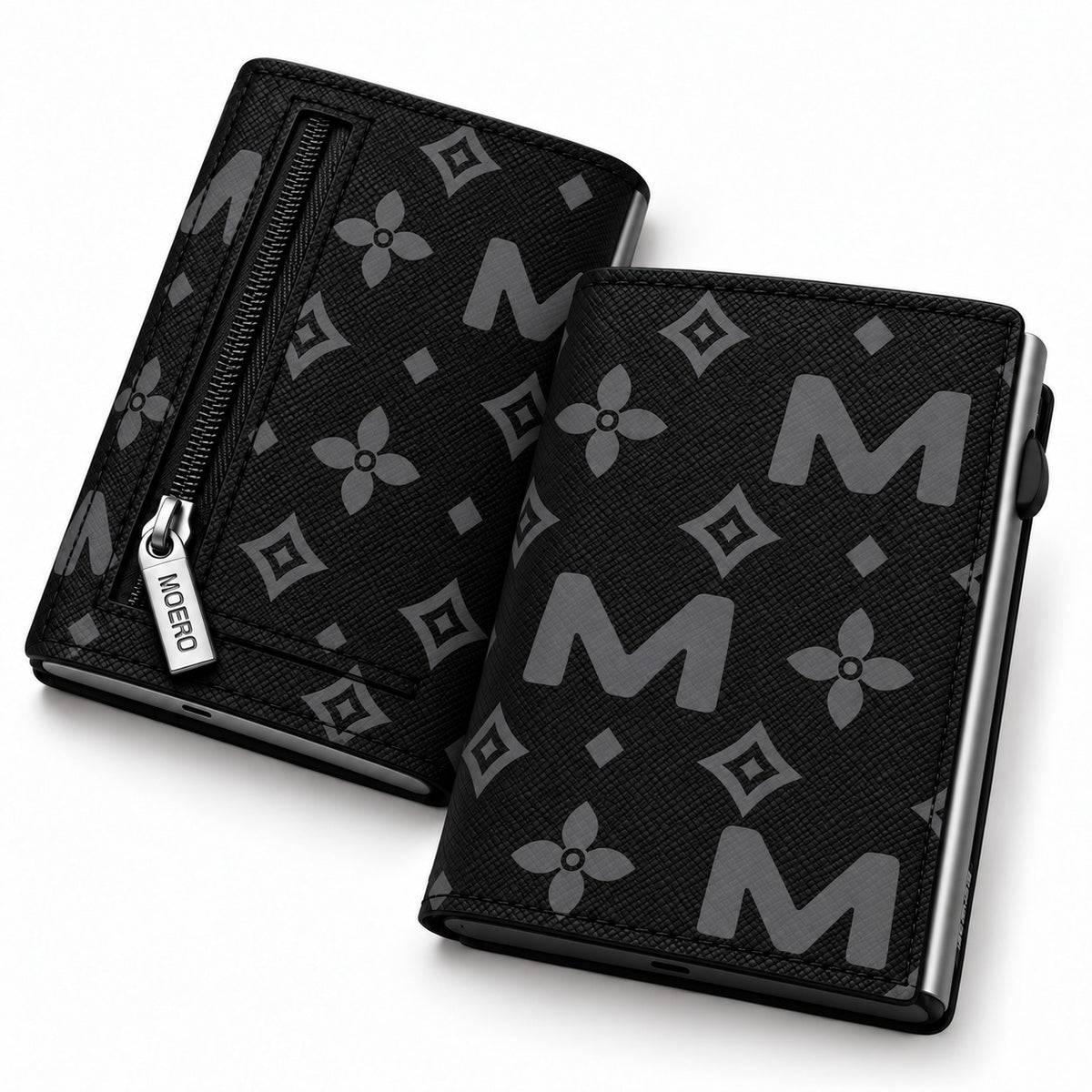 Moero Pro Zip – Monogram Big Black – Limited Edition – Portafoglio RFID in Vera Pelle Saffiano con Chiusura Magnetica e Portamonete Zip - portacarte grey
