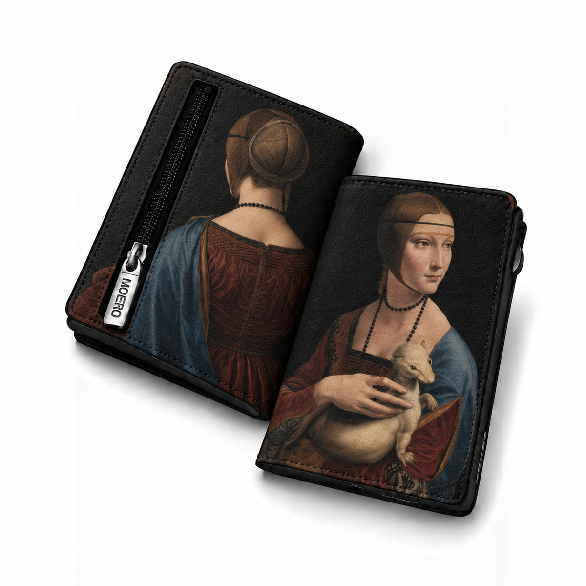 Moero Pro Zip - La dama con l'ermellino - Arte Limited Edition – Portafoglio RFID in Vera Pelle Saffiano con Chiusura Magnetica e Portamonete Zip