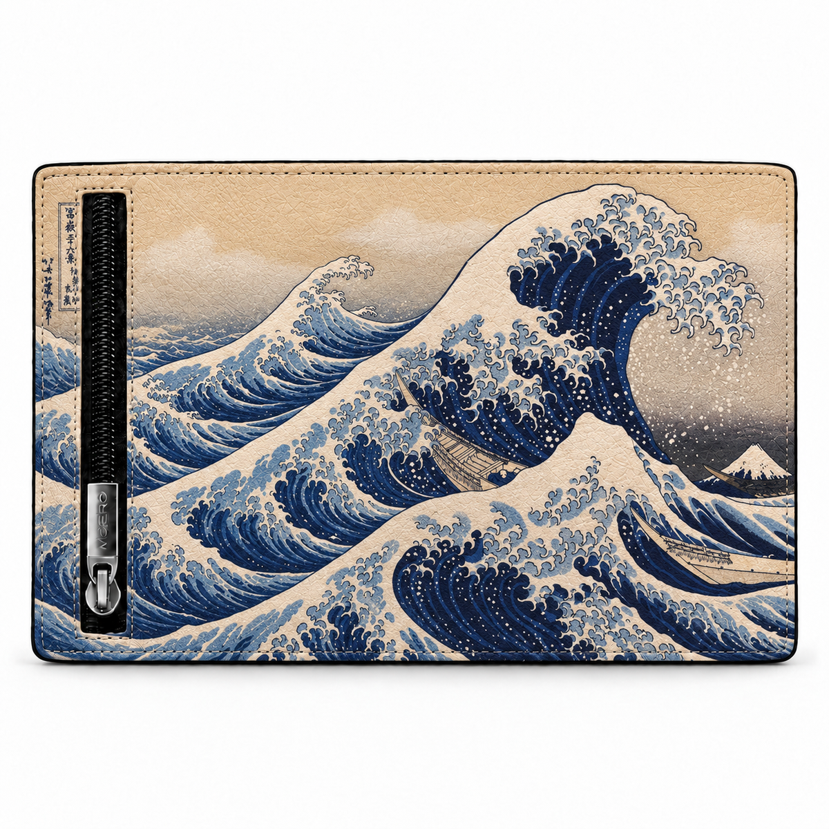 Moero Pro Zip - Onda di Kanagawa- Arte Limited Edition – Portafoglio RFID in Vera Pelle Saffiano con Chiusura Magnetica e Portamonete Zip