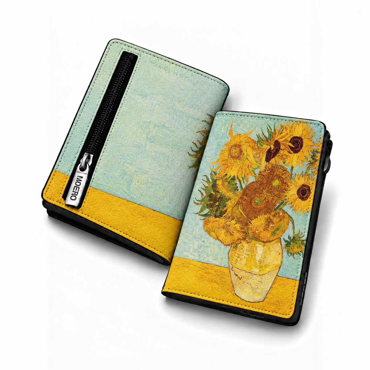 Moero Pro Zip - Girasoli Van Gogh - Arte Limited Edition – Portafoglio RFID in Vera Pelle Saffiano con Chiusura Magnetica e Portamonete Zip