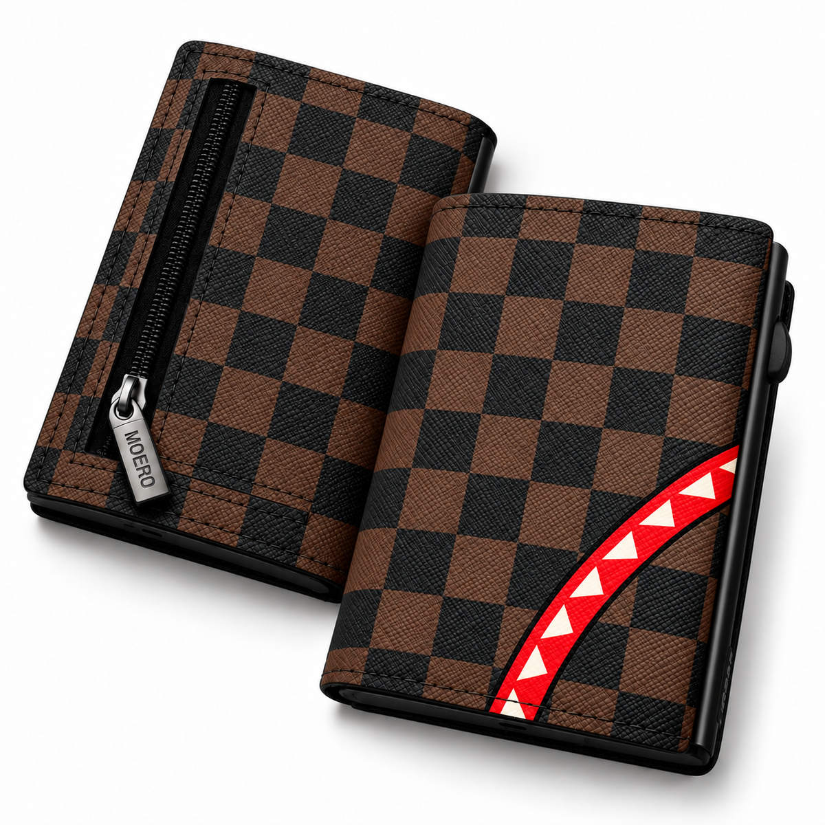 Moero Pro Zip – Check Bite Brown – Underground Limited Edition – Portafoglio RFID in Vera Pelle Saffiano con Chiusura Magnetica e Portamonete Zip - portacarte black