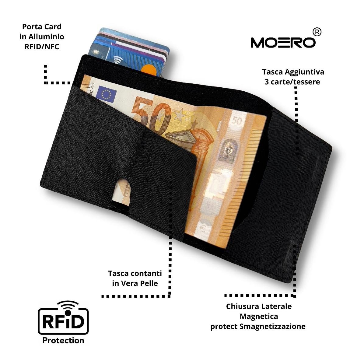 Moero Pro - Teddy Boss - Limited Edition – Portafoglio RFID in Vera Pelle Saffiano con Chiusura Magnetica e Portamonete Zip