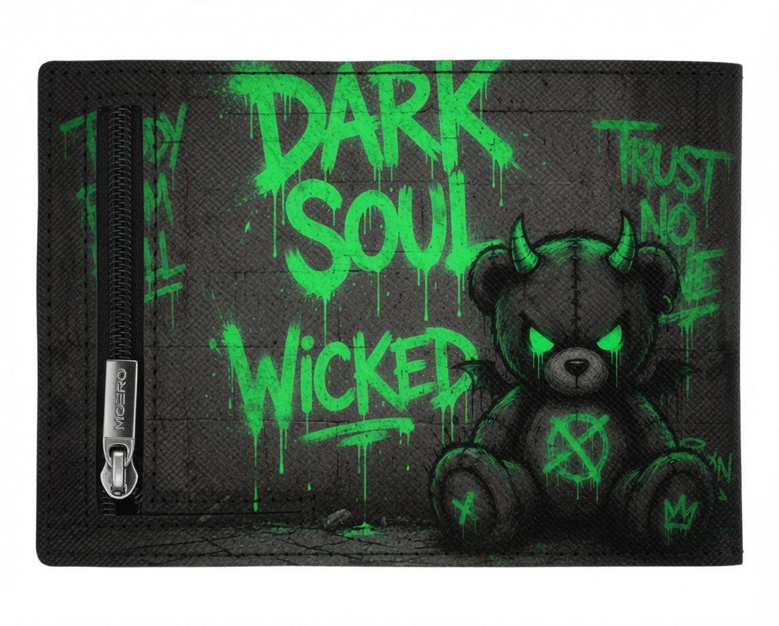 Moero Pro - Teddy Dark Soul - Limited Edition – Portafoglio RFID in Vera Pelle Saffiano con Chiusura Magnetica e Portamonete Zip