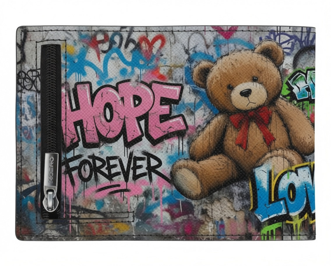 Moero Pro - Teddy Hope - Limited Edition – Portafoglio RFID in Vera Pelle Saffiano con Chiusura Magnetica e Portamonete Zip