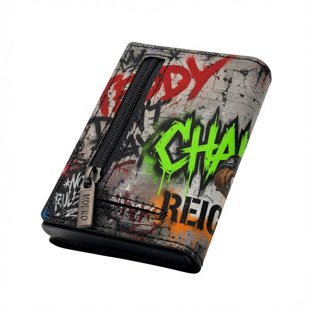 Moero Pro - Teddy Rebel - Limited Edition – Portafoglio RFID in Vera Pelle Saffiano con Chiusura Magnetica e Portamonete Zip