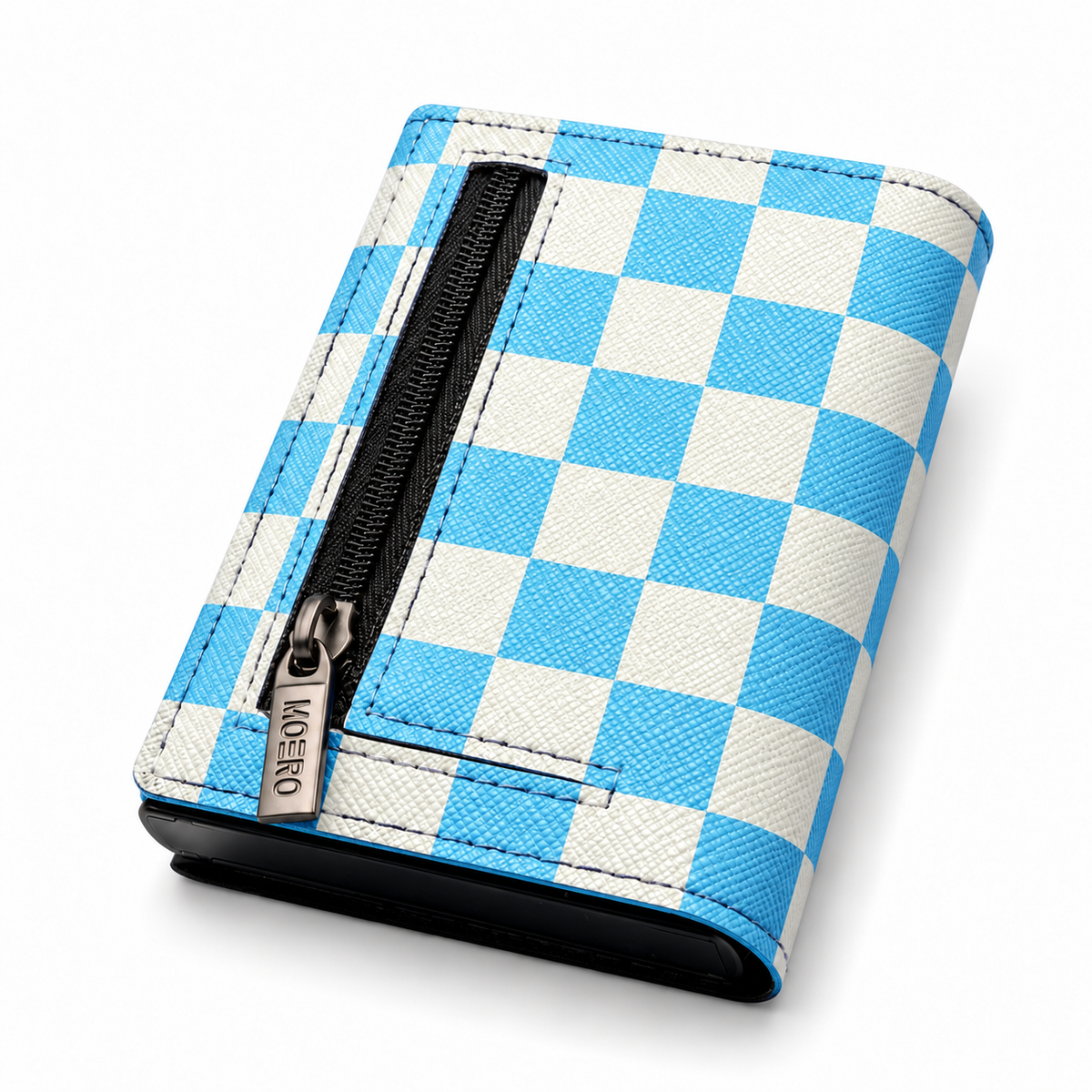 Moero Pro Zip – Check Bite Light blue – Underground Limited Edition – Portafoglio RFID in Vera Pelle Saffiano con Chiusura Magnetica e Portamonete Zip - portacarte sierra