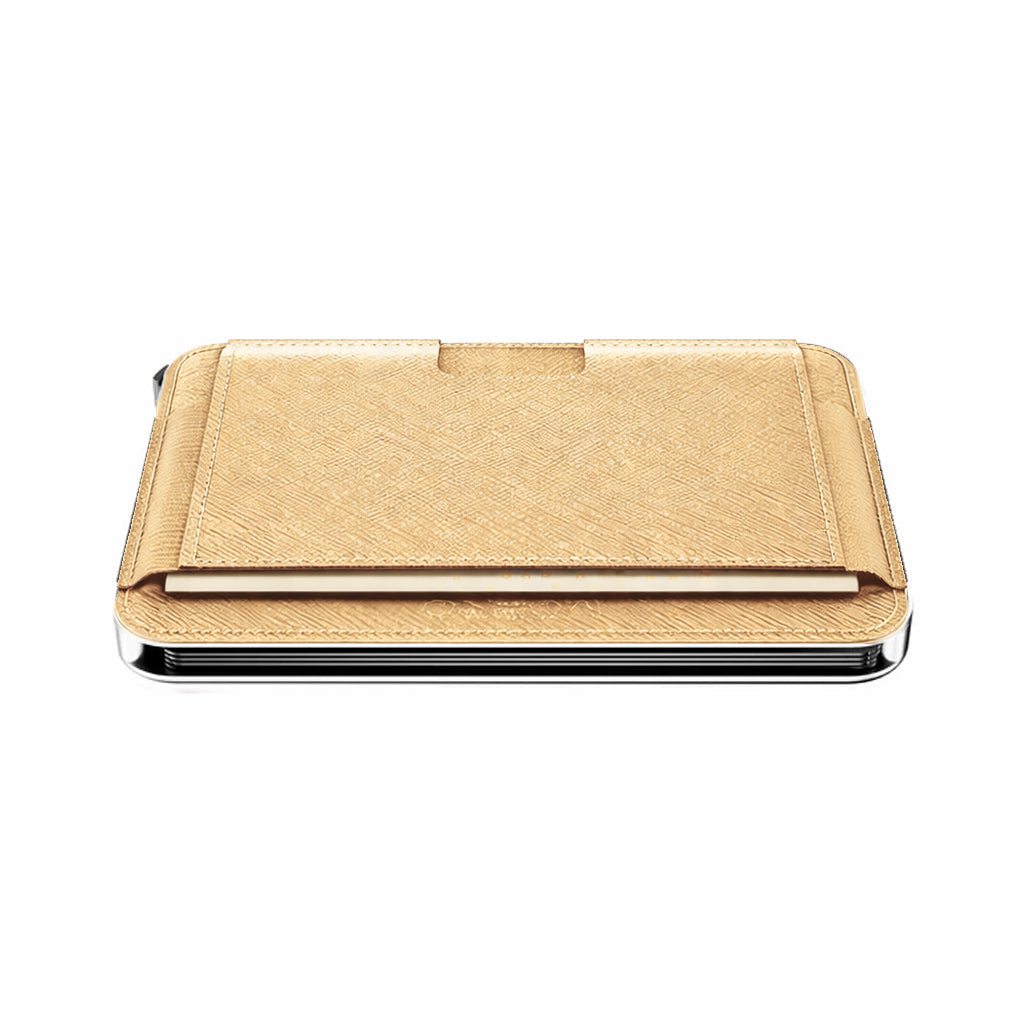 Moero M2 Pro Saffiano Gold MagSafe Wallet  – Portafoglio RFID in Alluminio e Vera Pelle Antigraffio