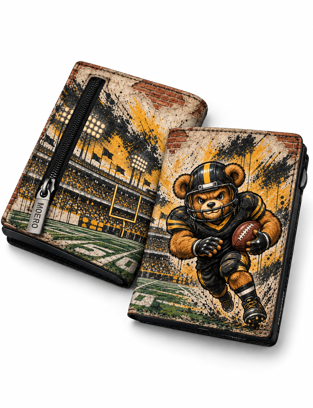 Moero Pro - Teddy Football Americano - Sport Limited Edition – Portafoglio RFID in Vera Pelle Saffiano con Chiusura Magnetica e Portamonete Zip