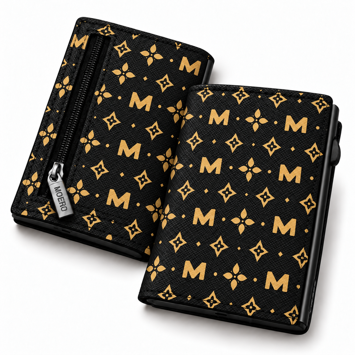 Moero Pro Zip – Monogram Black – Limited Edition – Portafoglio RFID in Vera Pelle Saffiano con Chiusura Magnetica e Portamonete Zip - portacarte gold