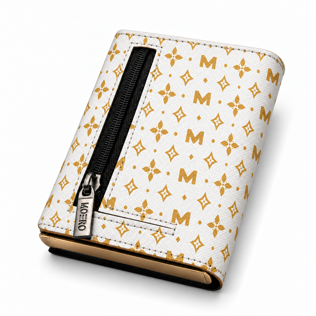 Moero Pro Zip – Monogram Gold – Limited Edition – Portafoglio RFID in Vera Pelle Saffiano con Chiusura Magnetica e Portamonete Zip - portacarte gold