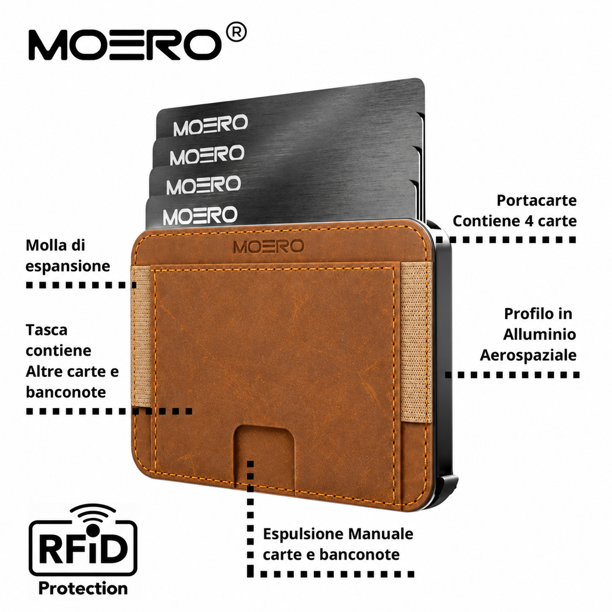 Moero M2 Pro Crazy Horse Nocciola MagSafe Wallet  – Portafoglio RFID in Alluminio e Vera Pelle