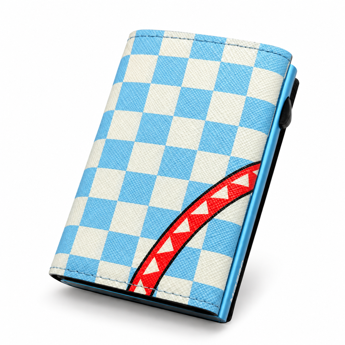 Moero Pro Zip – Check Bite Light blue – Underground Limited Edition – Portafoglio RFID in Vera Pelle Saffiano con Chiusura Magnetica e Portamonete Zip - portacarte sierra