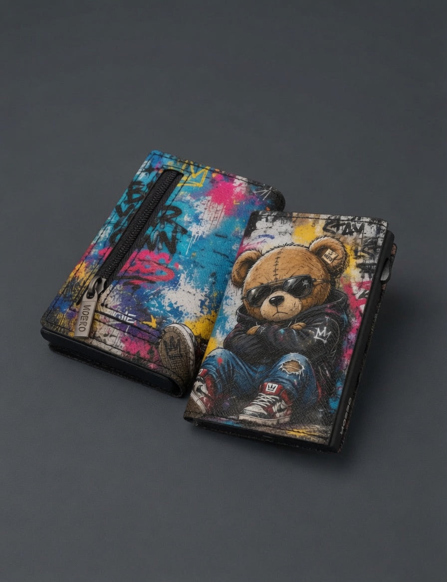 Moero Pro - Teddy Boss - Limited Edition – Portafoglio RFID in Vera Pelle Saffiano con Chiusura Magnetica e Portamonete Zip