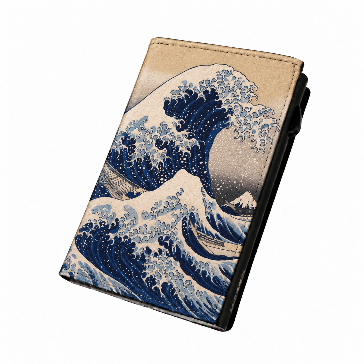 Moero Pro Zip - Onda di Kanagawa- Arte Limited Edition – Portafoglio RFID in Vera Pelle Saffiano con Chiusura Magnetica e Portamonete Zip