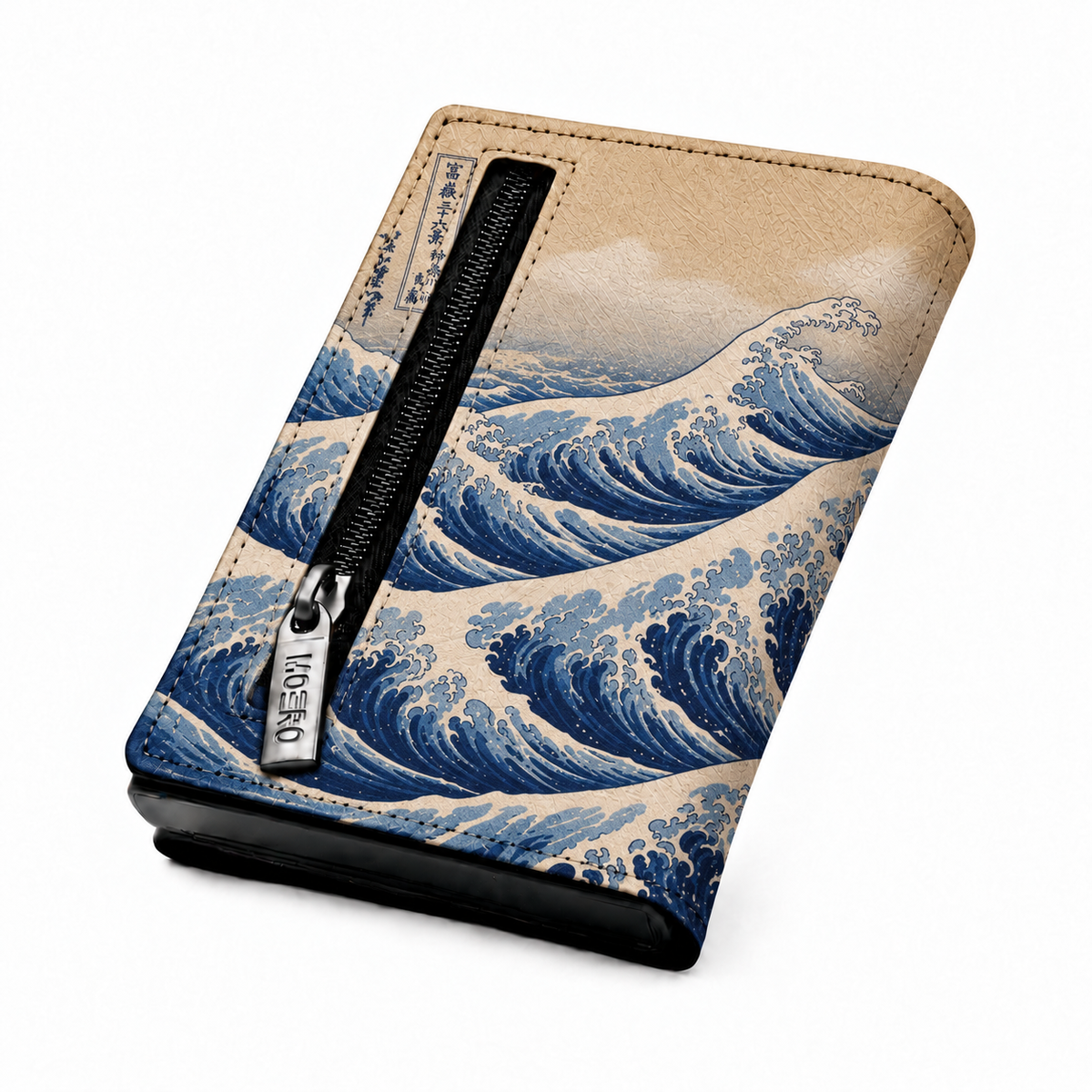 Moero Pro Zip - Onda di Kanagawa- Arte Limited Edition – Portafoglio RFID in Vera Pelle Saffiano con Chiusura Magnetica e Portamonete Zip
