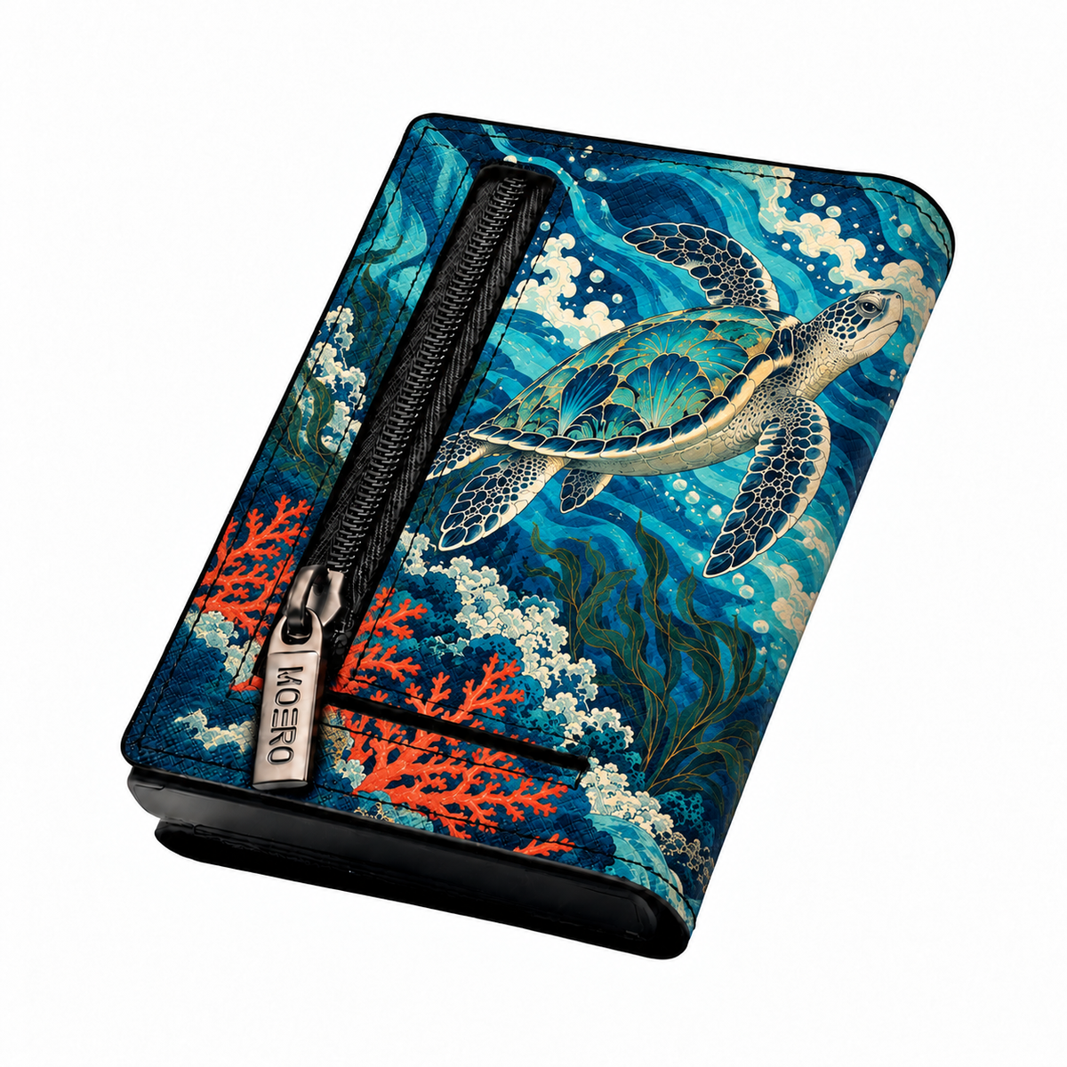 Moero Pro – Abbraccio dell'oceano – Japanese Art Limited Edition – Portafoglio RFID in Vera Pelle Saffiano con Chiusura Magnetica e Portamonete Zip