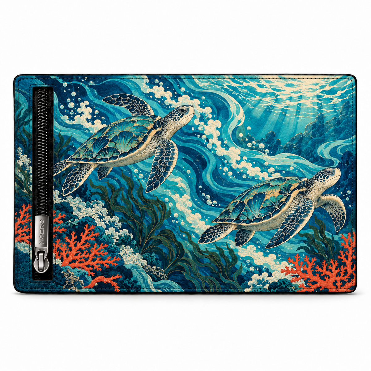 Moero Pro – Abbraccio dell'oceano – Japanese Art Limited Edition – Portafoglio RFID in Vera Pelle Saffiano con Chiusura Magnetica e Portamonete Zip
