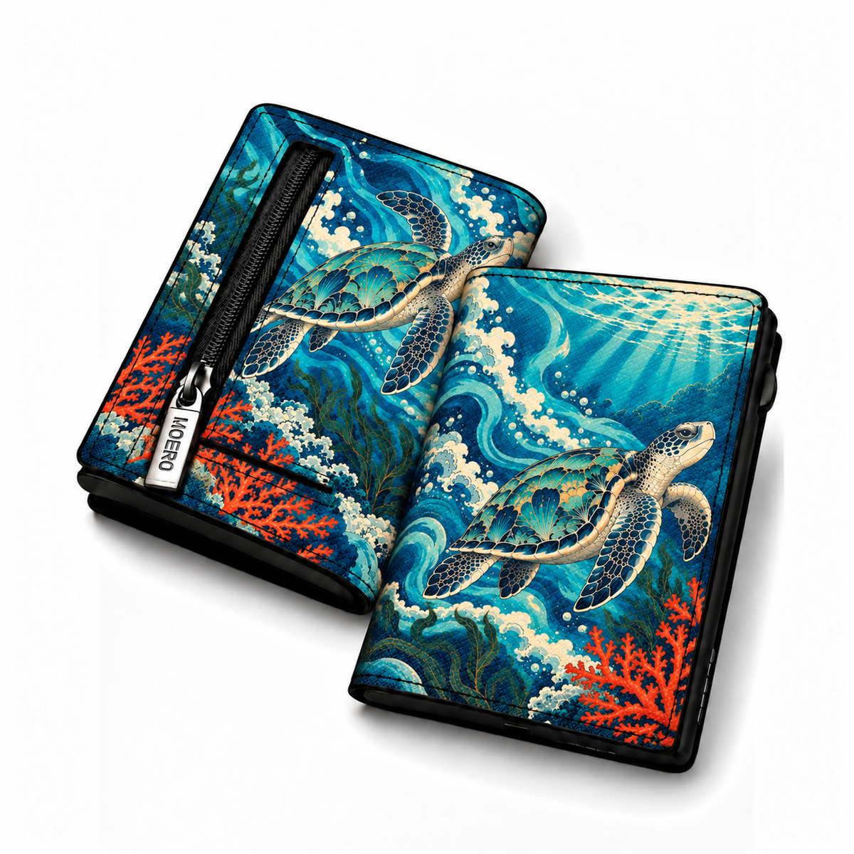 Moero Pro – Abbraccio dell'oceano – Japanese Art Limited Edition – Portafoglio RFID in Vera Pelle Saffiano con Chiusura Magnetica e Portamonete Zip