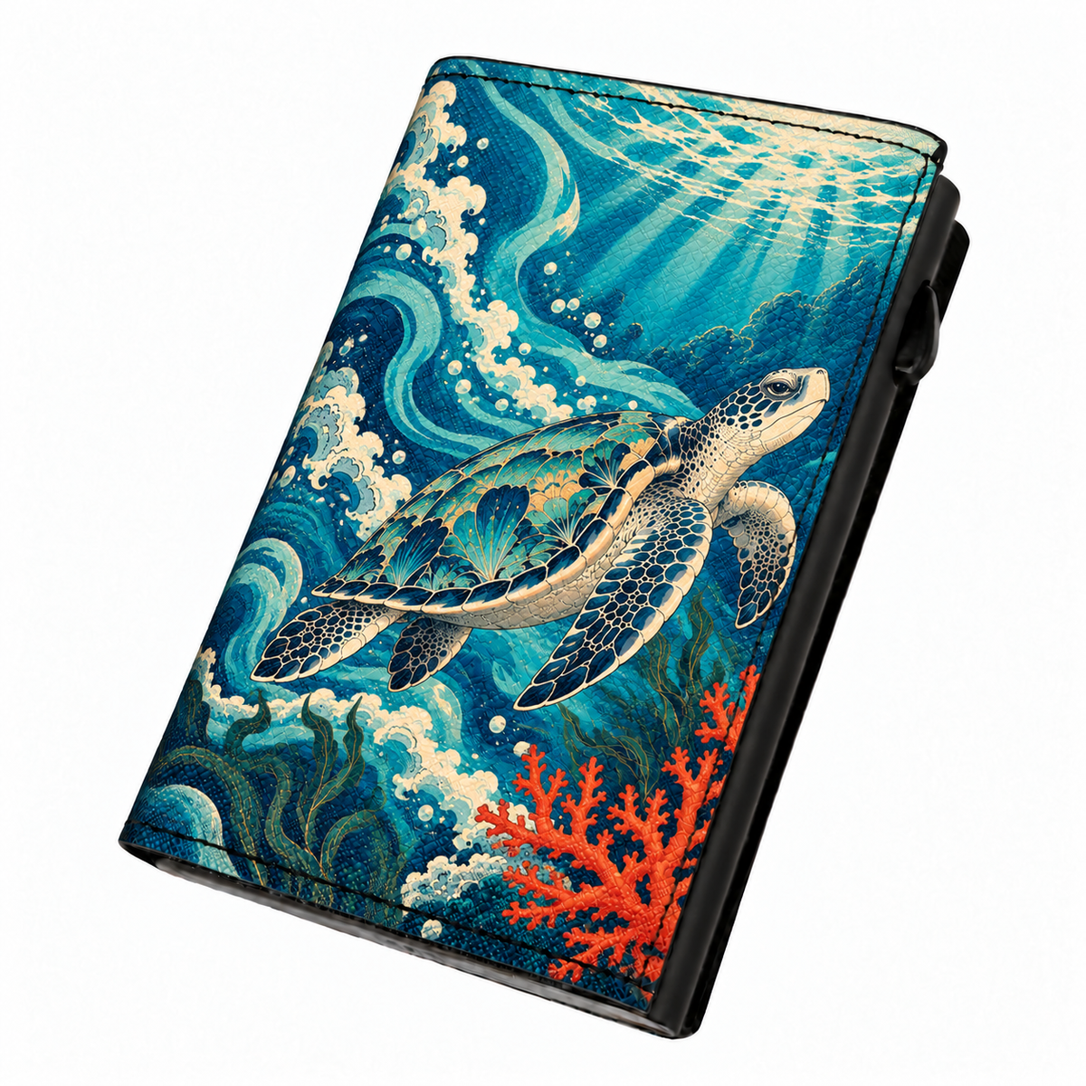 Moero Pro – Abbraccio dell'oceano – Japanese Art Limited Edition – Portafoglio RFID in Vera Pelle Saffiano con Chiusura Magnetica e Portamonete Zip