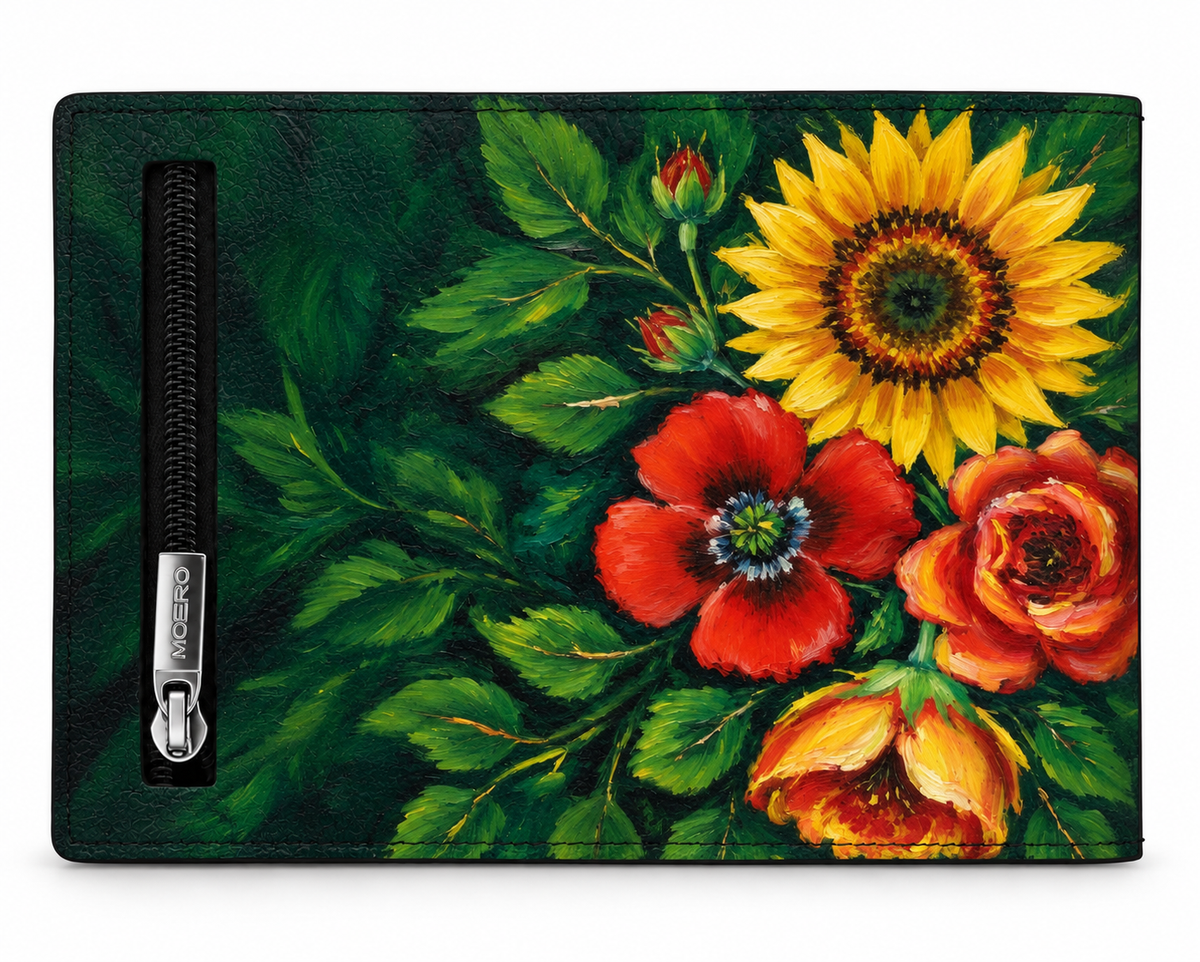 Moero PRO Floral - Bouquet del sole - Limited Edition – Portafoglio RFID in Vera Pelle Saffiano con Chiusura Magnetica e Portamonete Zip