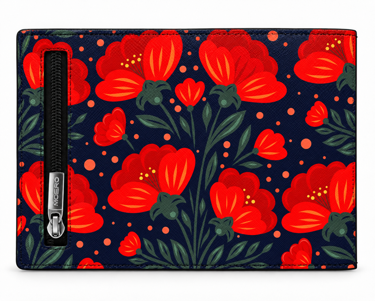 Moero PRO Floral - Corolle di Mezzanotte - Limited Edition – Portafoglio RFID in Vera Pelle Saffiano con Chiusura Magnetica e Portamonete Zip
