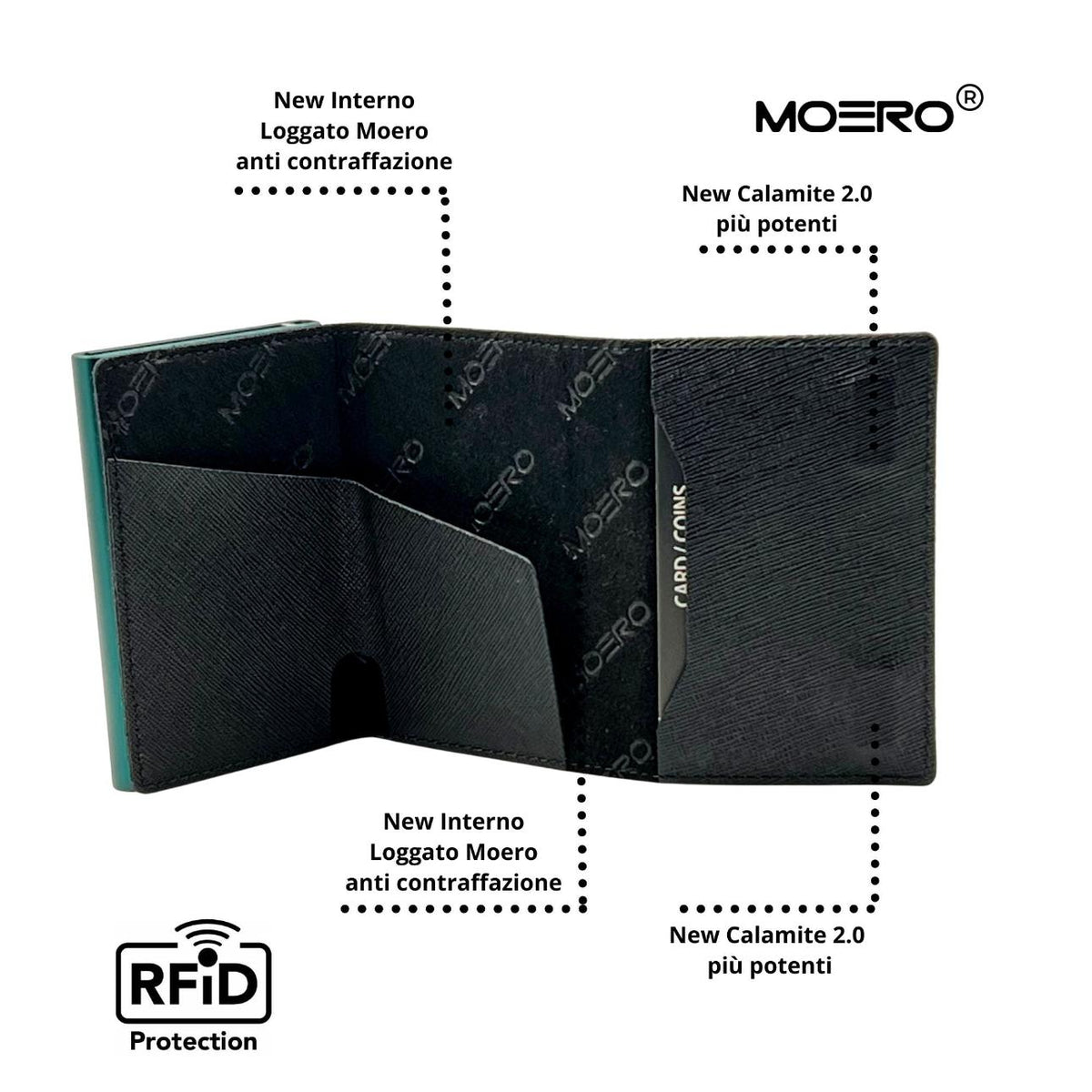 Moero Pro - Teddy Rebel - Limited Edition – Portafoglio RFID in Vera Pelle Saffiano con Chiusura Magnetica e Portamonete Zip