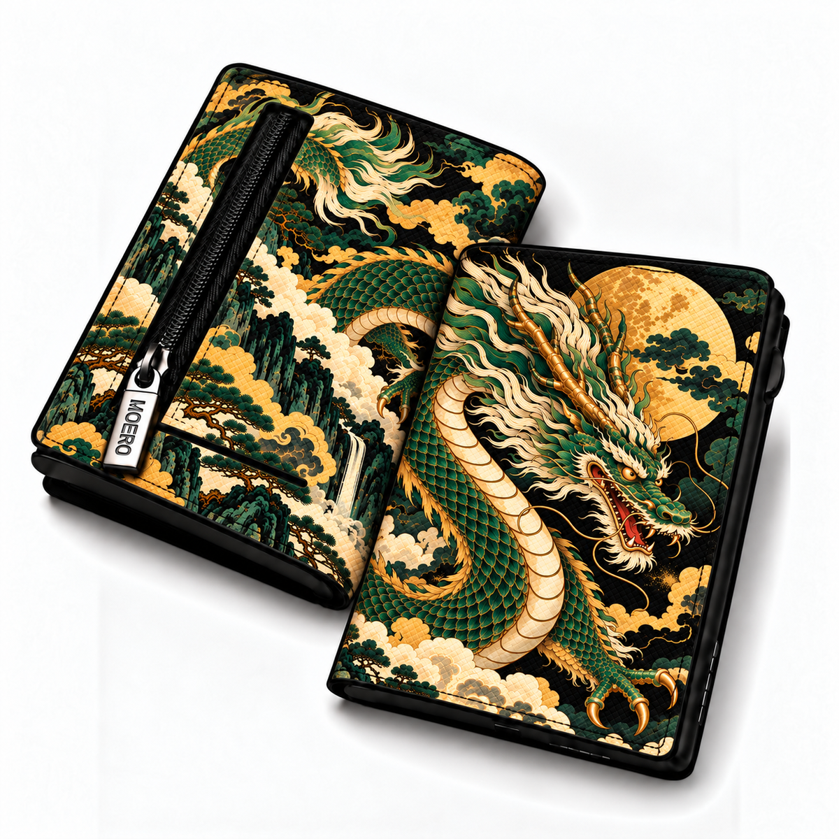 Moero Pro – Drago Sovrano – Japanese Art Limited Edition – Portafoglio RFID in Vera Pelle Saffiano con Chiusura Magnetica e Portamonete Zip