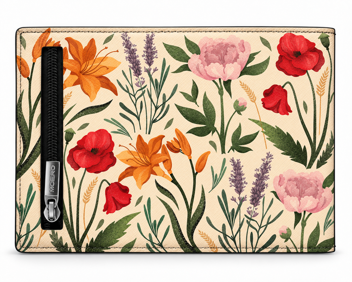 Moero PRO Floral - Erbario Romantico - Limited Edition – Portafoglio RFID in Vera Pelle Saffiano con Chiusura Magnetica e Portamonete Zip