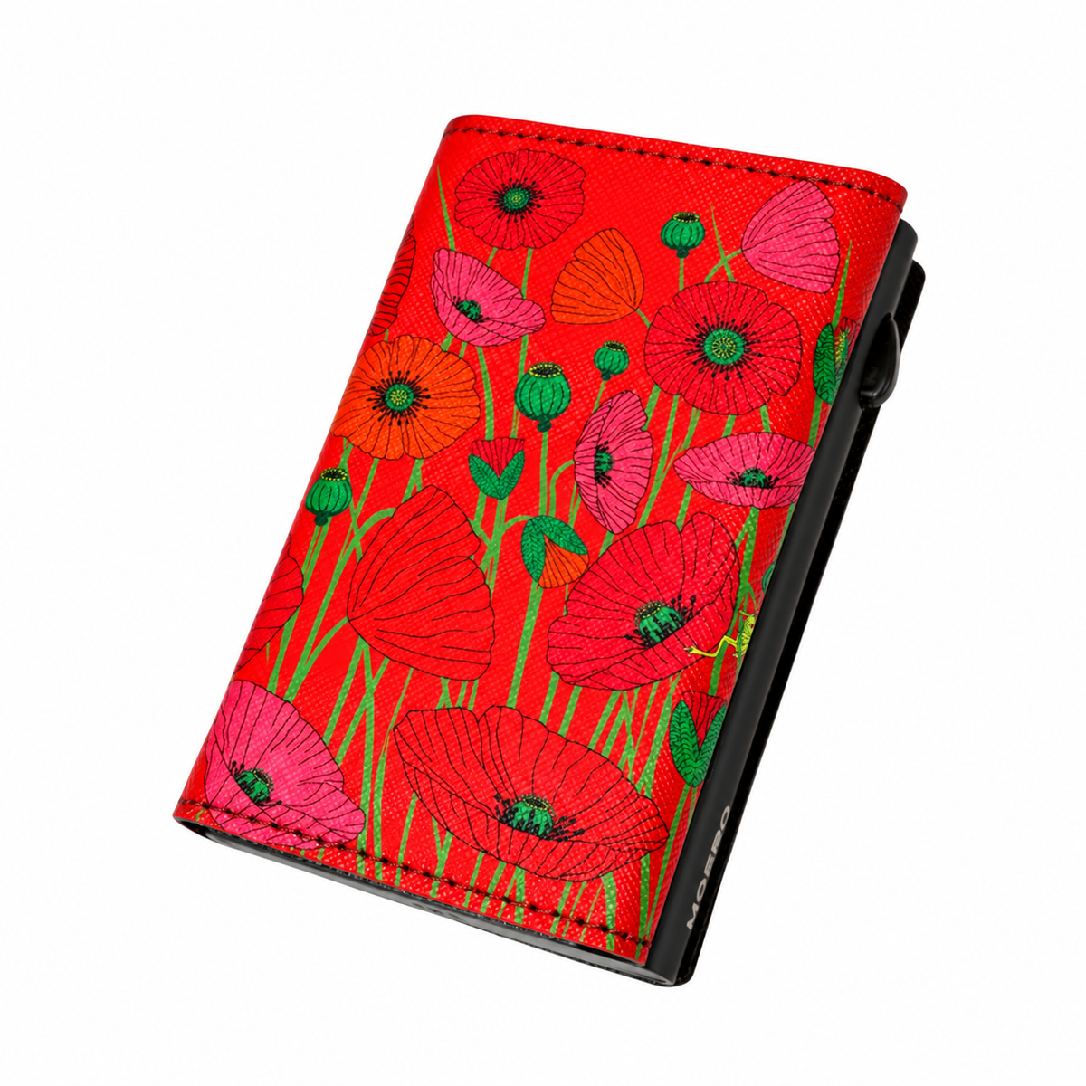 Moero PRO Floral - Papaveri di fuoco - Limited Edition – Portafoglio RFID in Vera Pelle Saffiano con Chiusura Magnetica e Portamonete Zip