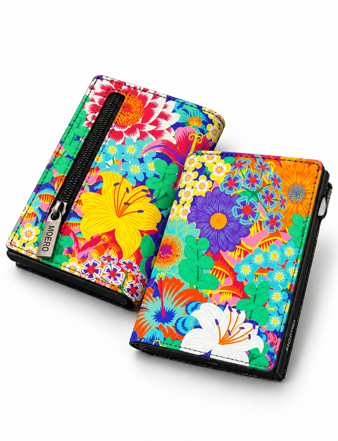 Moero PRO Floral - Sinfonia Floreale - Limited Edition – Portafoglio RFID in Vera Pelle Saffiano con Chiusura Magnetica e Portamonete Zip