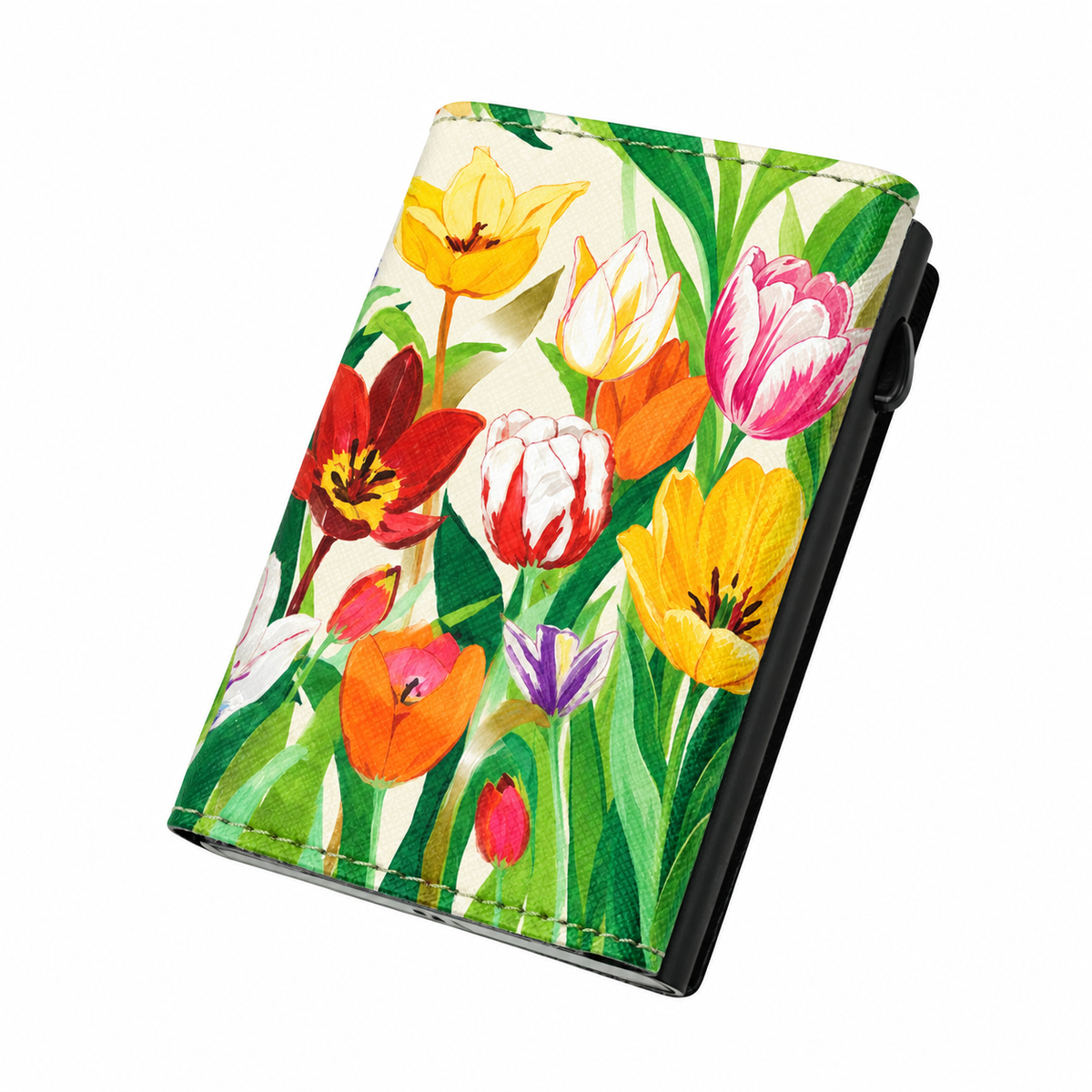 Moero PRO Floral - Tulipani di primavera - Limited Edition – Portafoglio RFID in Vera Pelle Saffiano con Chiusura Magnetica e Portamonete Zip