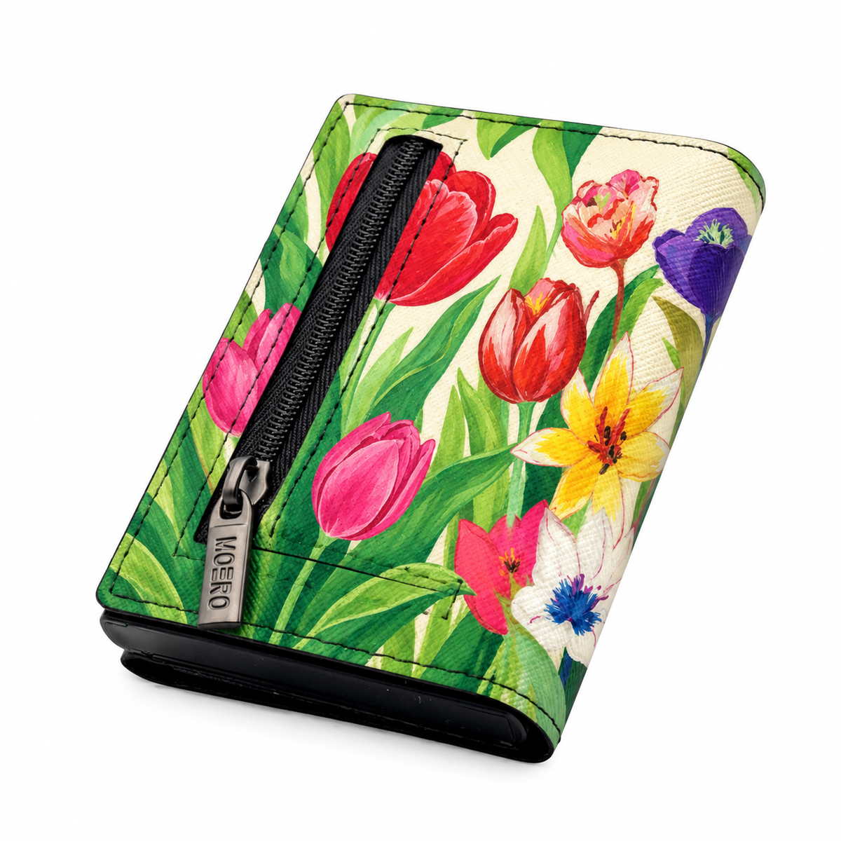 Moero PRO Floral - Tulipani di primavera - Limited Edition – Portafoglio RFID in Vera Pelle Saffiano con Chiusura Magnetica e Portamonete Zip