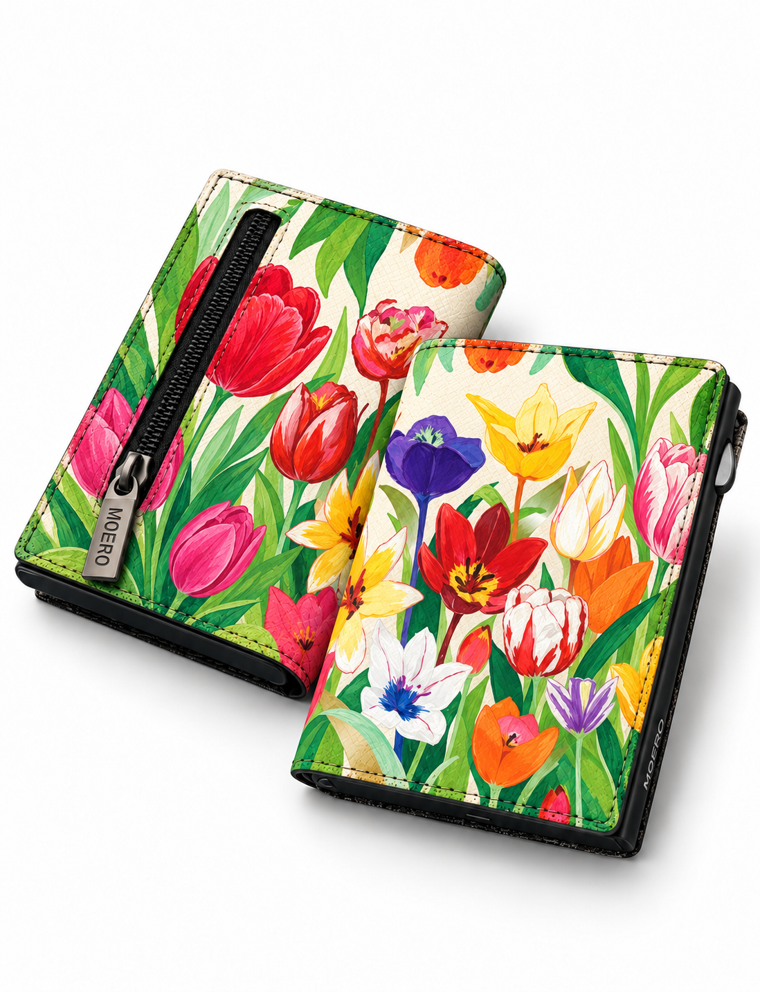 Moero PRO Floral - Tulipani di primavera - Limited Edition – Portafoglio RFID in Vera Pelle Saffiano con Chiusura Magnetica e Portamonete Zip