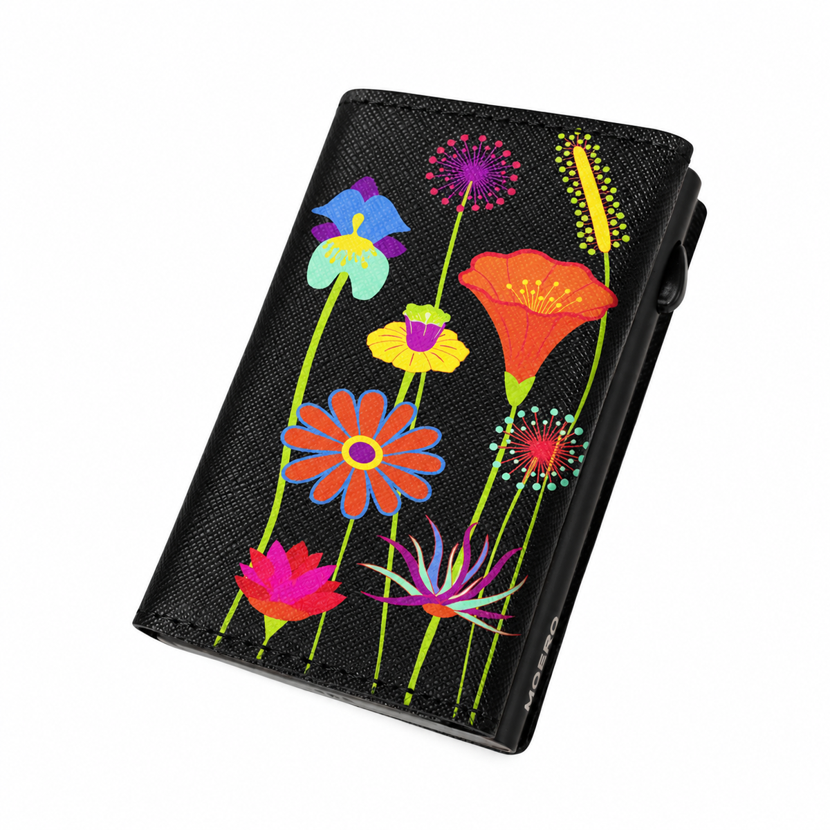 Moero PRO Floral - Giardino Neon - Limited Edition – Portafoglio RFID in Vera Pelle Saffiano con Chiusura Magnetica e Portamonete Zip