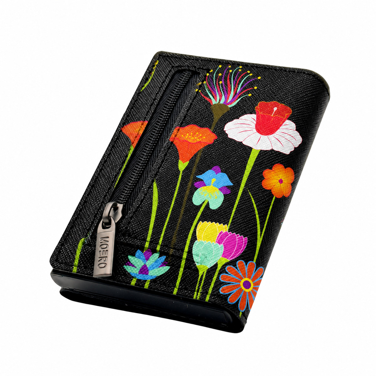Moero PRO Floral - Giardino Neon - Limited Edition – Portafoglio RFID in Vera Pelle Saffiano con Chiusura Magnetica e Portamonete Zip