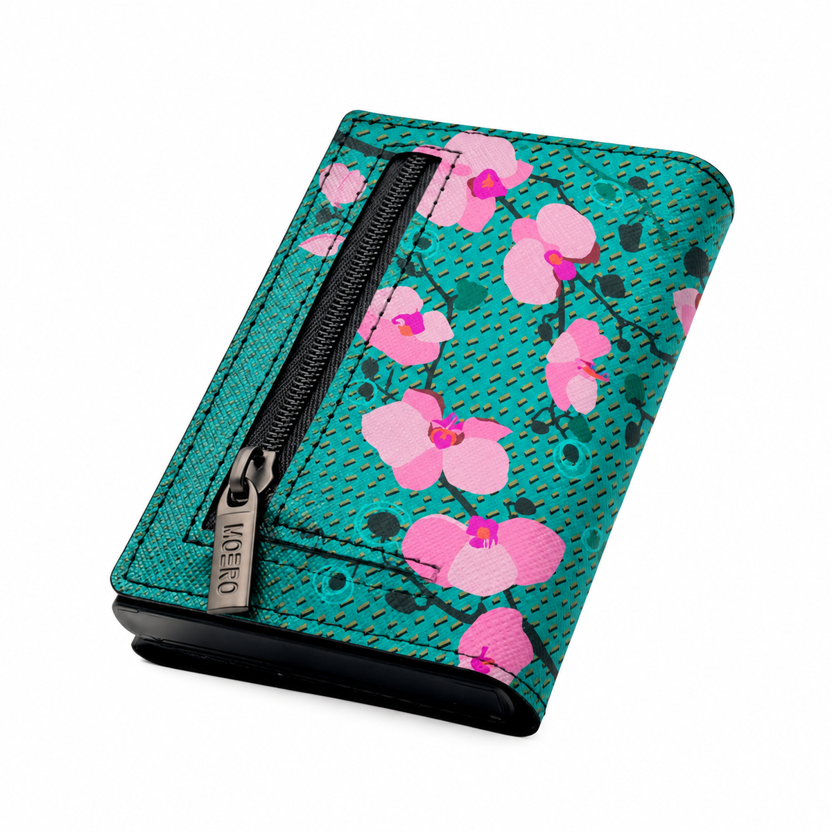 Moero PRO Floral - Orchidee di Giada - Limited Edition – Portafoglio RFID in Vera Pelle Saffiano con Chiusura Magnetica e Portamonete Zip