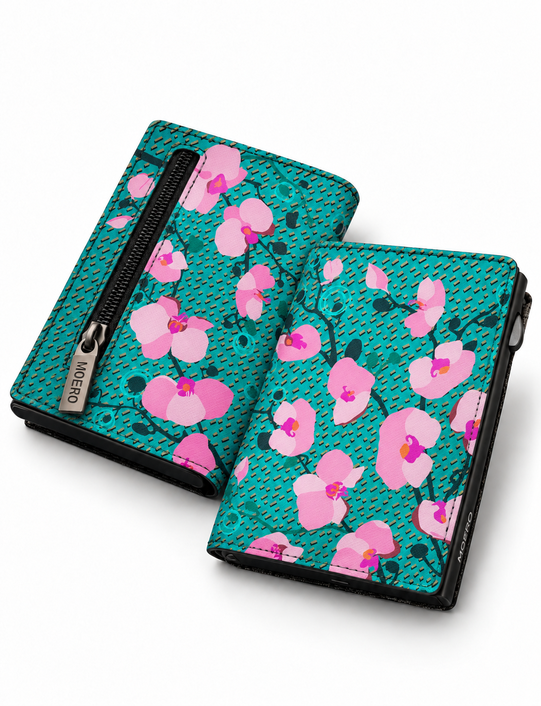 Moero PRO Floral - Orchidee di Giada - Limited Edition – Portafoglio RFID in Vera Pelle Saffiano con Chiusura Magnetica e Portamonete Zip