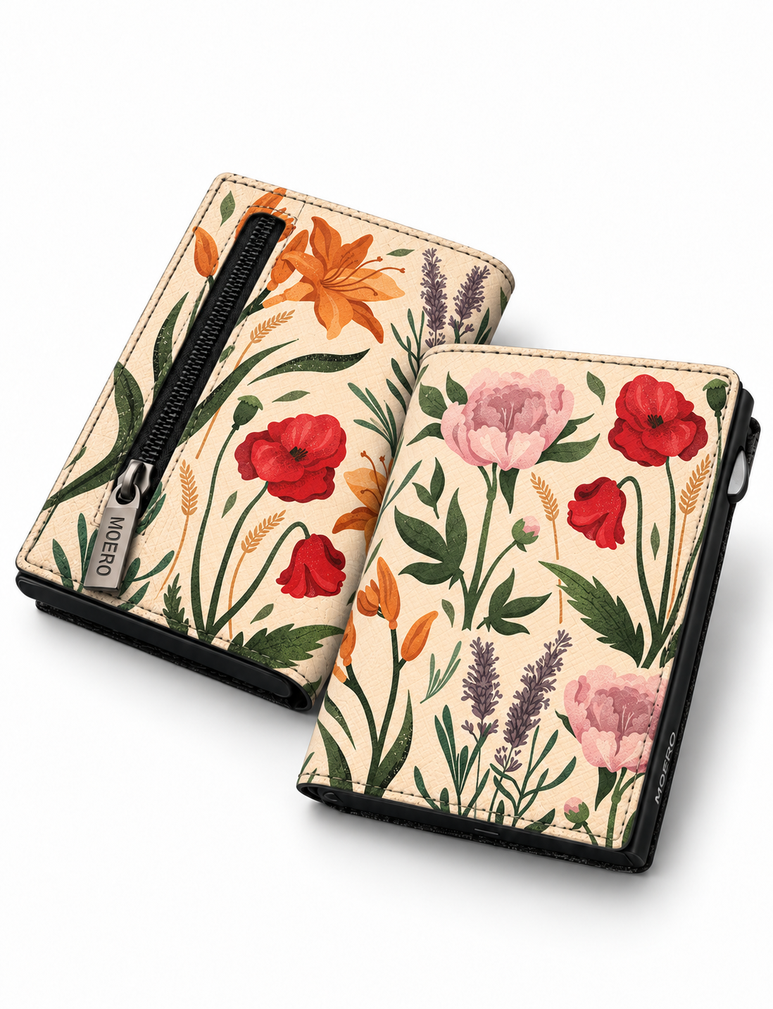 Moero PRO Floral - Erbario Romantico - Limited Edition – Portafoglio RFID in Vera Pelle Saffiano con Chiusura Magnetica e Portamonete Zip