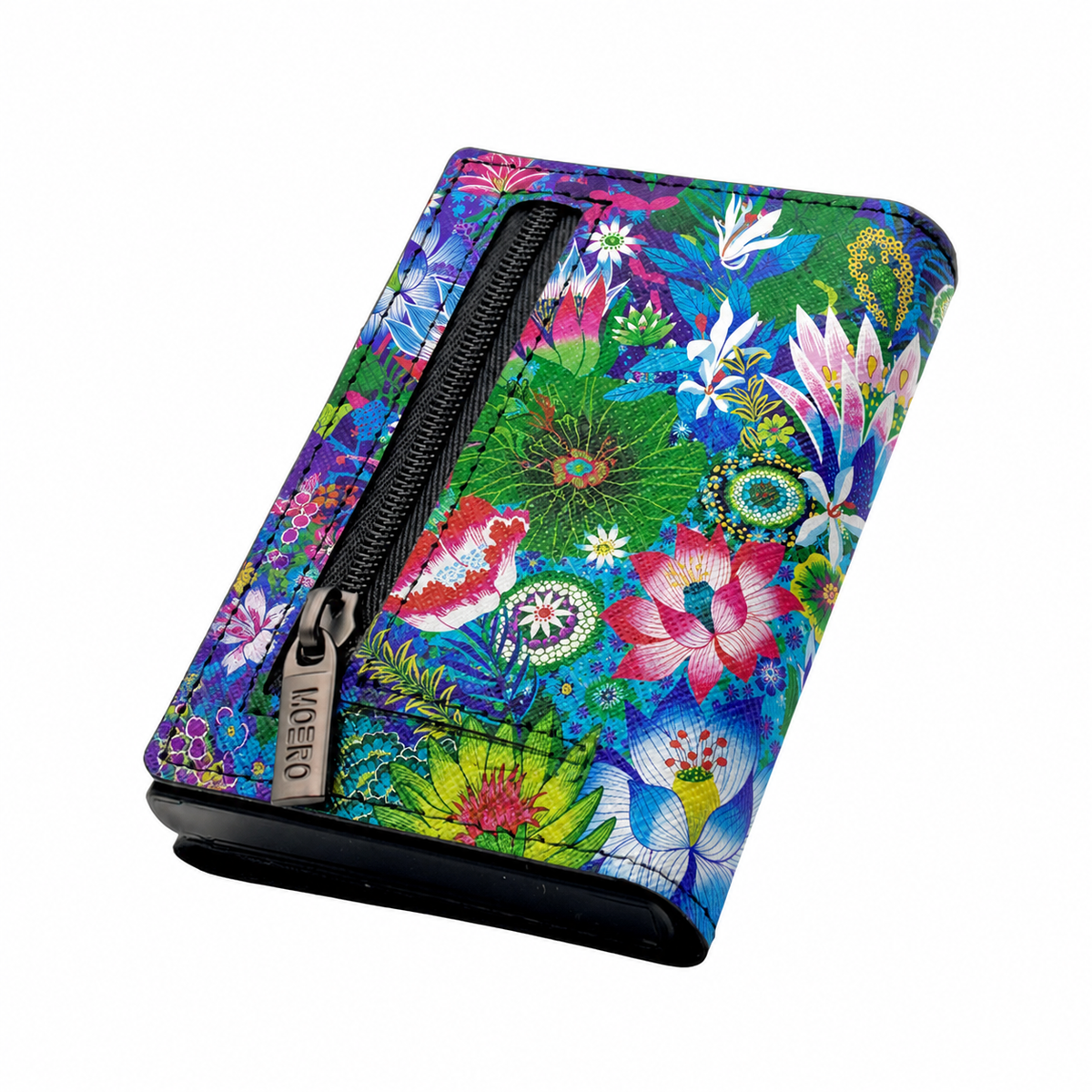 Moero PRO Floral - Eden Tropicale - Limited Edition – Portafoglio RFID in Vera Pelle Saffiano con Chiusura Magnetica e Portamonete Zip