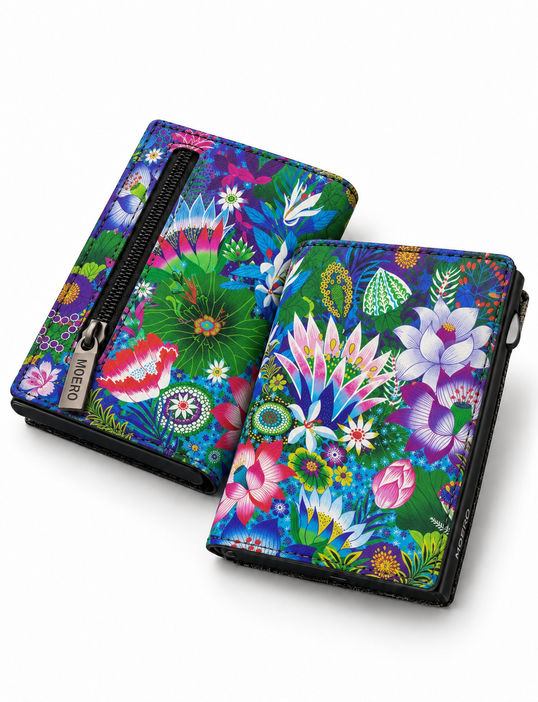 Moero PRO Floral - Eden Tropicale - Limited Edition – Portafoglio RFID in Vera Pelle Saffiano con Chiusura Magnetica e Portamonete Zip