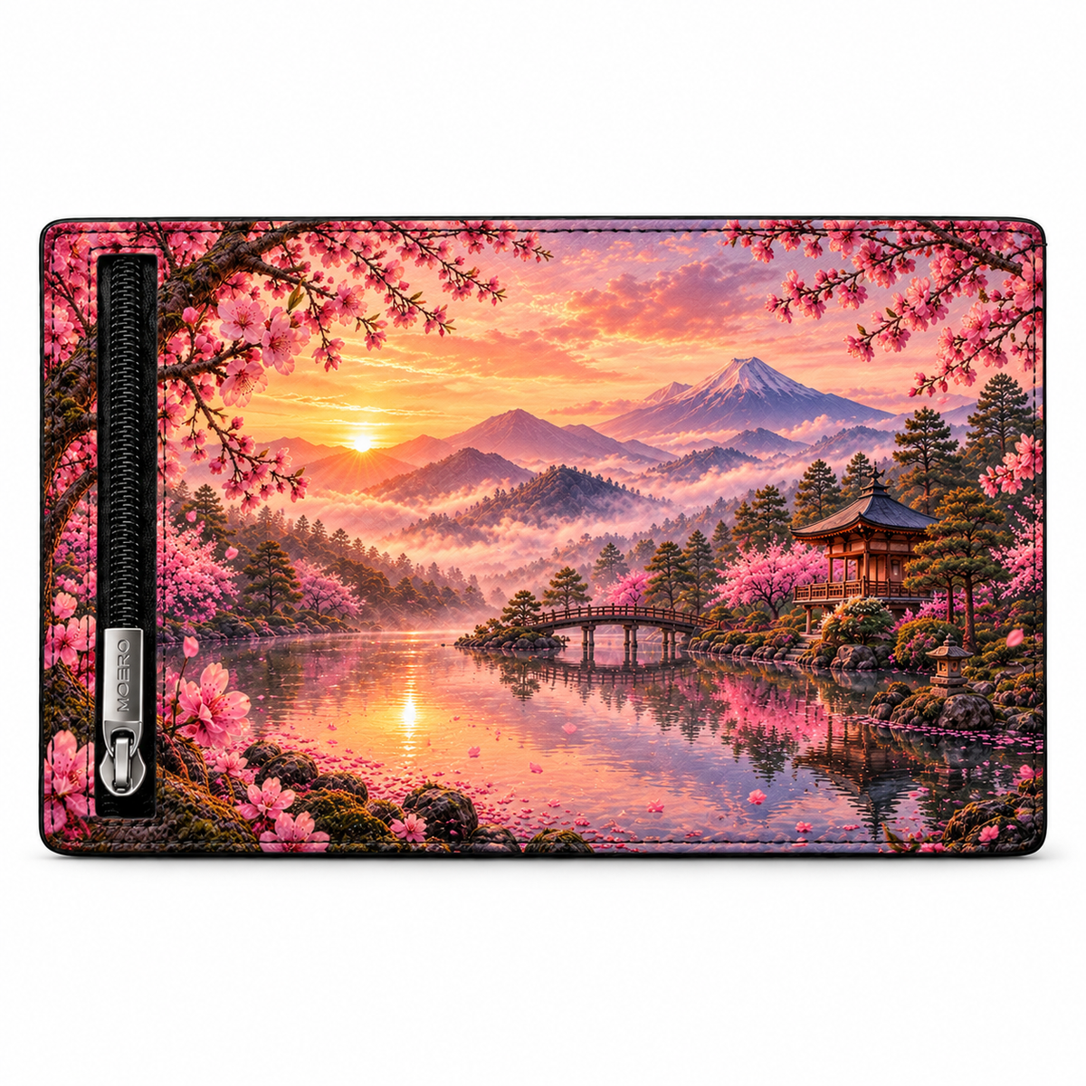 Moero Pro – Monte Fuji – Japanese Art Limited Edition – Portafoglio RFID in Vera Pelle Saffiano con Chiusura Magnetica e Portamonete Zip