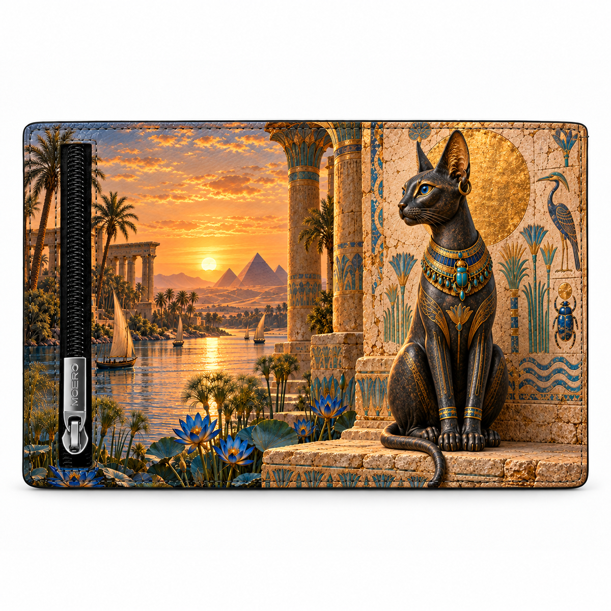 Moero Pro Zip – Gatto – Egypt Limited Edition – Portafoglio RFID in Vera Pelle Saffiano con Chiusura Magnetica e Portamonete Zip