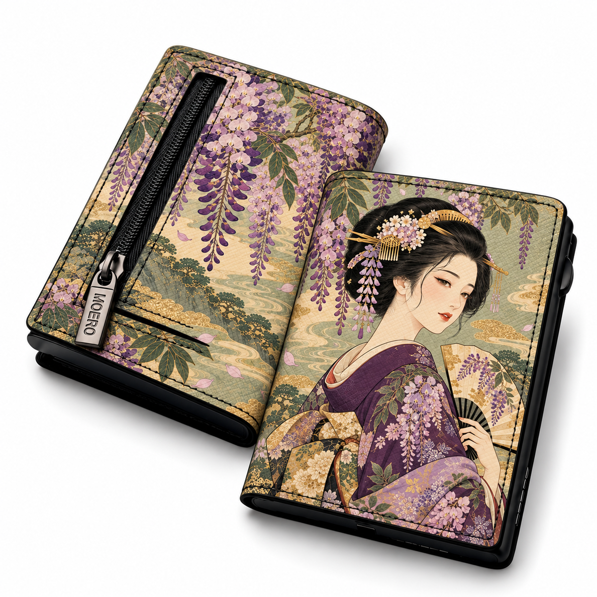 Moero Pro – Geisha – Japanese Art Limited Edition – Portafoglio RFID in Vera Pelle Saffiano con Chiusura Magnetica e Portamonete Zip