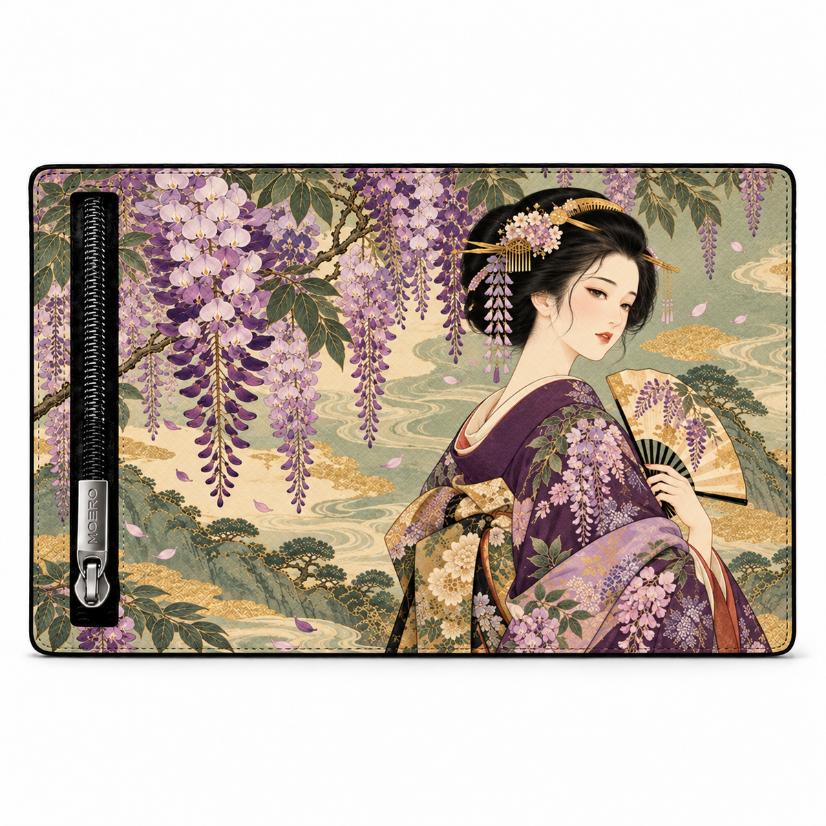 Moero Pro – Geisha – Japanese Art Limited Edition – Portafoglio RFID in Vera Pelle Saffiano con Chiusura Magnetica e Portamonete Zip