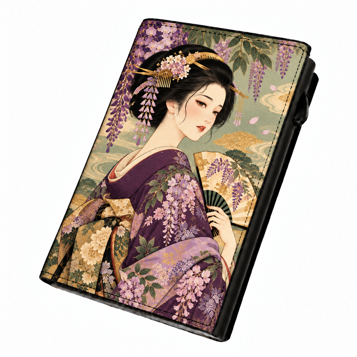 Moero Pro – Geisha – Japanese Art Limited Edition – Portafoglio RFID in Vera Pelle Saffiano con Chiusura Magnetica e Portamonete Zip