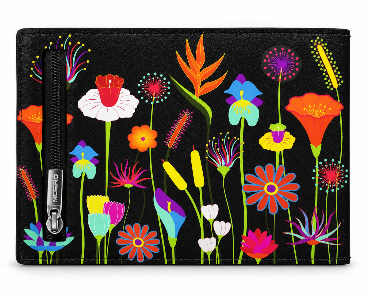 Moero PRO Floral - Giardino Neon - Limited Edition – Portafoglio RFID in Vera Pelle Saffiano con Chiusura Magnetica e Portamonete Zip