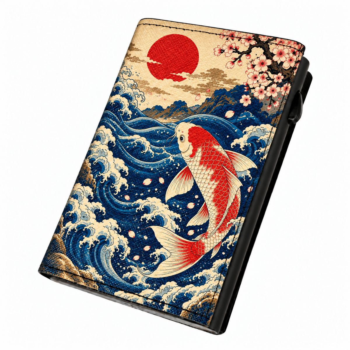 Moero Pro – Danza delle onde – Japanese Art Limited Edition – Portafoglio RFID in Vera Pelle Saffiano con Chiusura Magnetica e Portamonete Zip