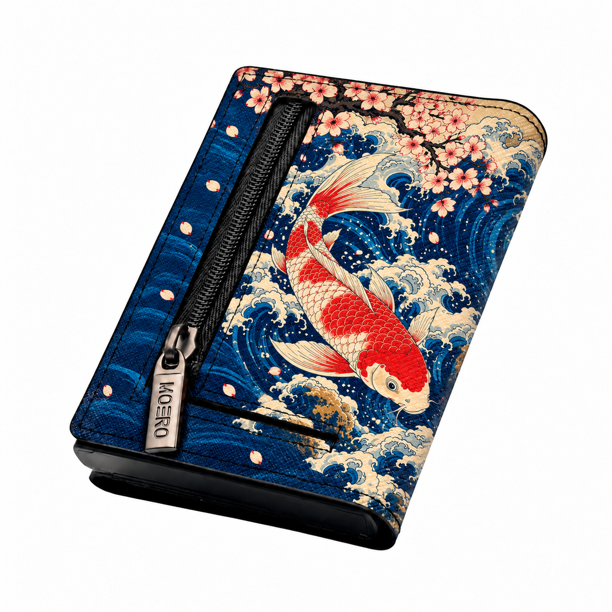 Moero Pro – Danza delle onde – Japanese Art Limited Edition – Portafoglio RFID in Vera Pelle Saffiano con Chiusura Magnetica e Portamonete Zip