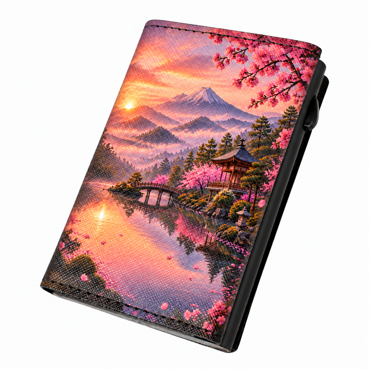 Moero Pro – Monte Fuji – Japanese Art Limited Edition – Portafoglio RFID in Vera Pelle Saffiano con Chiusura Magnetica e Portamonete Zip