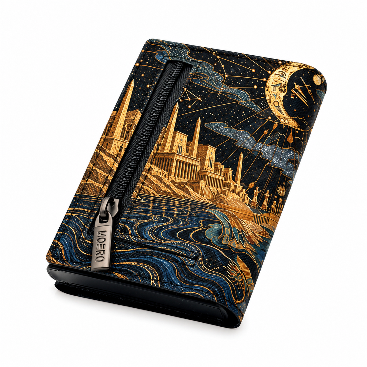 Moero Pro Zip – Notte Egiziana – Egypt Limited Edition – Portafoglio RFID in Vera Pelle Saffiano con Chiusura Magnetica e Portamonete Zip